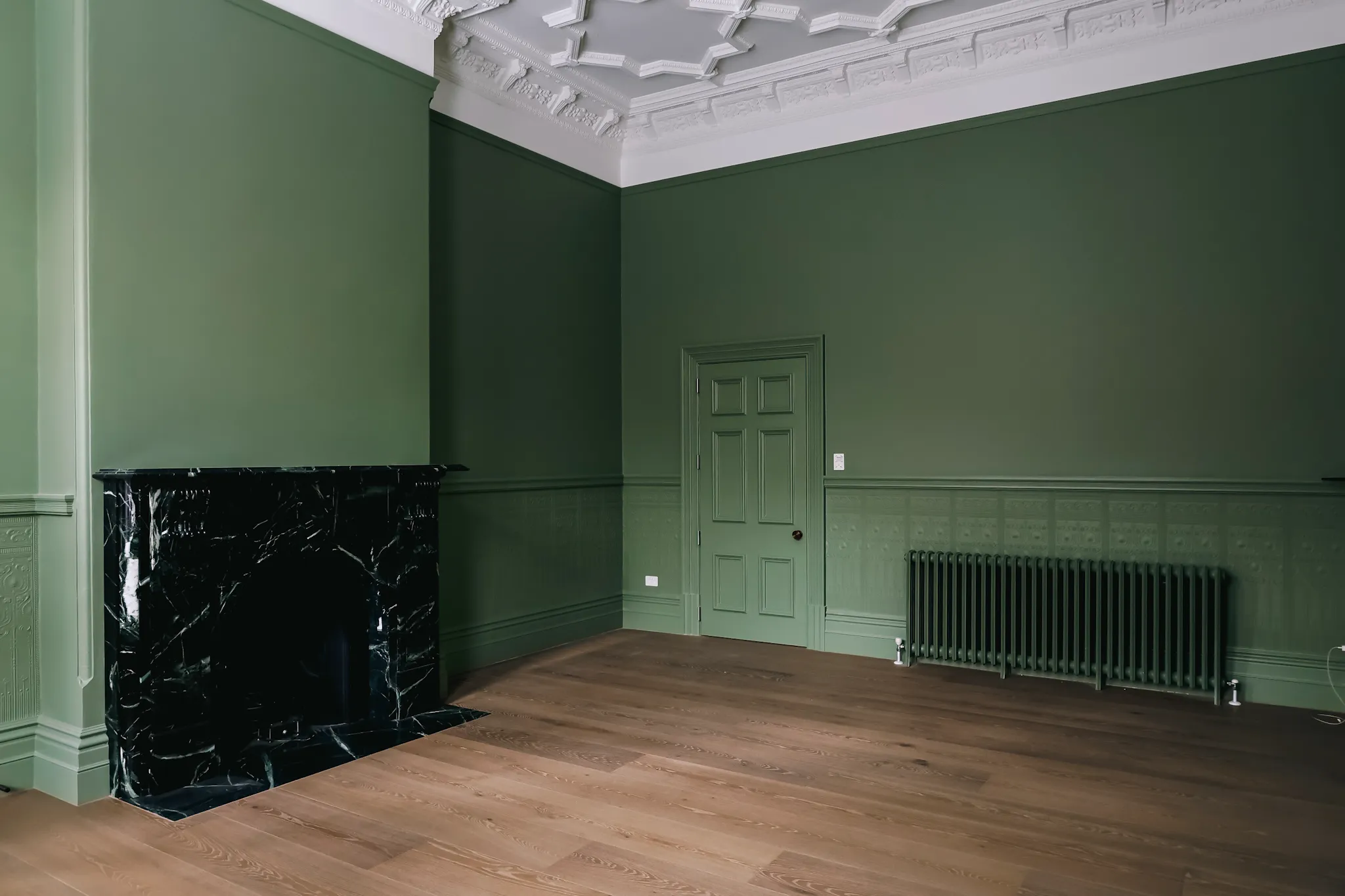Empty room with dark green walls, a black marble fireplace, wooden floor, green door, and radiator under ornate white ceiling.
